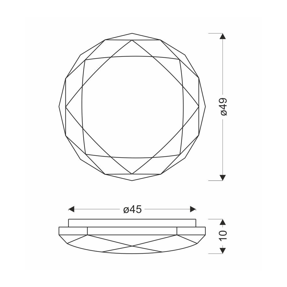 Schematyczny rysunek przedstawia okrągły plafon z geometrycznym wzorem, z wymiarami: średnica 49 cm i wysokość 10 cm.