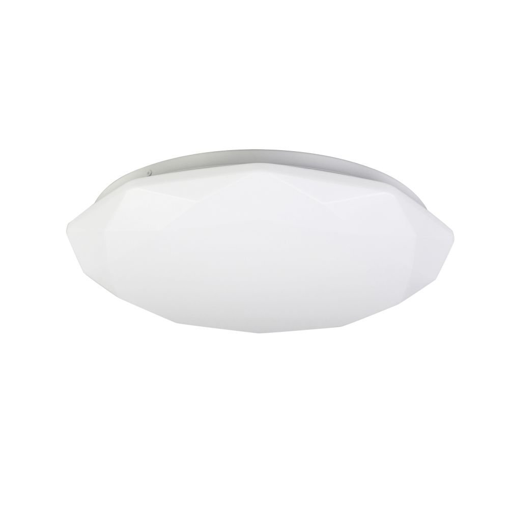 Biały plafon LED o nowoczesnym, geometrycznym kształcie. Lampa ma gładką powierzchnię i jest przeznaczona do montażu sufitowego.
