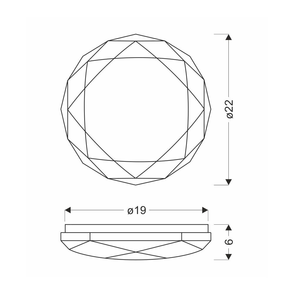 Schematyczny rysunek przedstawia okrągły plafon z geometrycznym wzorem, z wymiarami: średnica 49 cm i wysokość 10 cm.