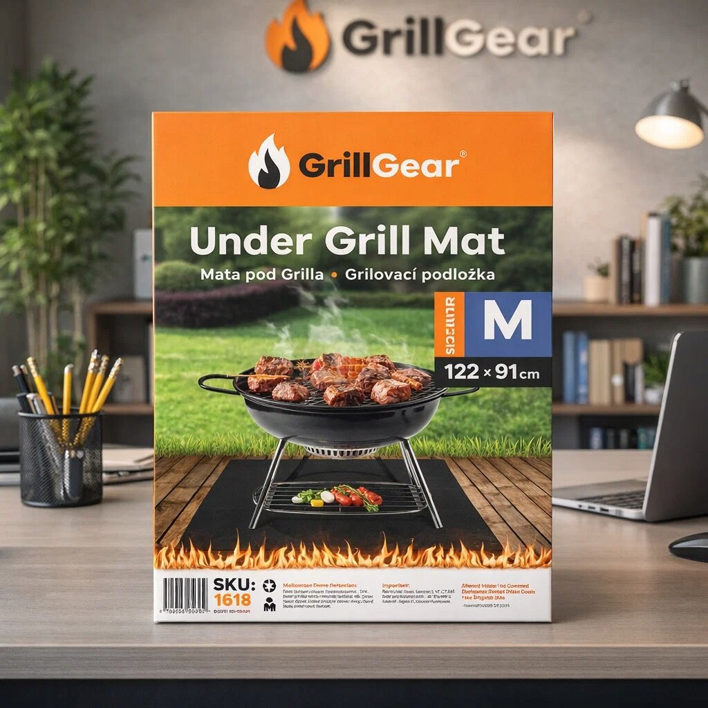 Opakowanie produktu \'Under Grill Mat\' marki GrillGear o wymiarach 122x91 cm, przedstawiające matę pod grilla z grafiką grilla na trawie. W tle widoczne jest biuro z rośliną i przyborami biurowymi na biurku.