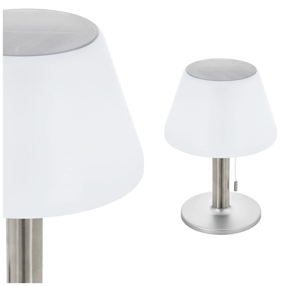 Na obrazie widoczna jest biała lampa stołowa z metalową podstawą i kloszem w kształcie stożka. Lampa posiada sznurek do włączania i wyłączania światła.