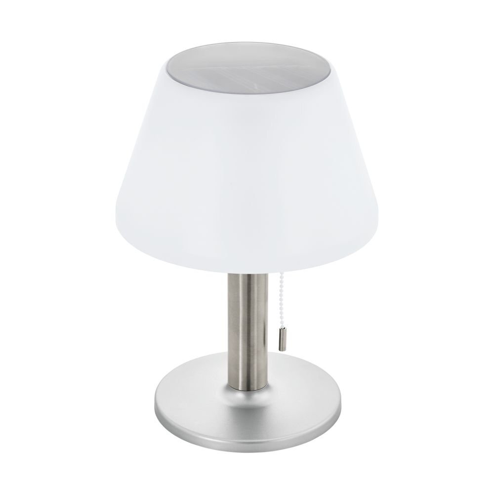 Lampa ogrodowa przenośna z białym kloszem i metalową podstawą, wyposażona w łańcuszek do włączania.