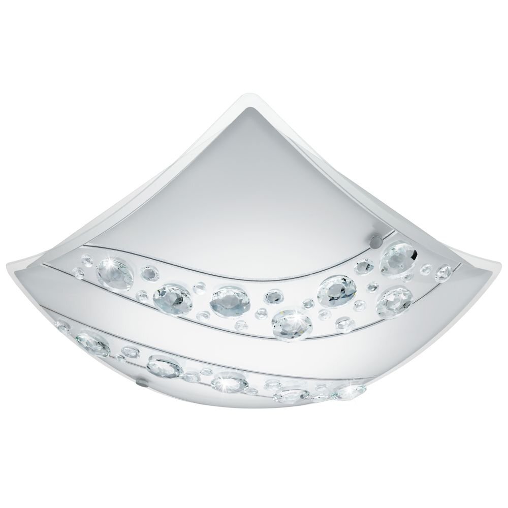 Nowoczesna lampa sufitowa o kwadratowym kształcie z zaokrąglonymi krawędziami, ozdobiona przezroczystymi kryształkami. Powierzchnia lampy jest błyszcząca i metaliczna.