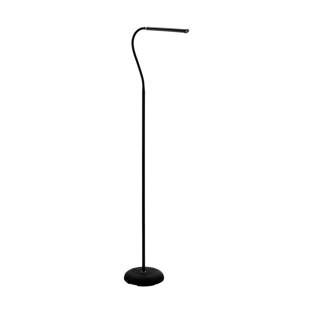 Czarna, nowoczesna lampa podłogowa z zakrzywionym ramieniem i okrągłą podstawą. Lampa ma smukły, minimalistyczny design.