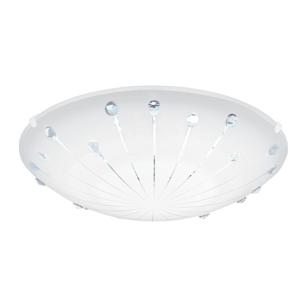 Biały plafon LED o okrągłym kształcie z przezroczystymi elementami dekoracyjnymi rozmieszczonymi promieniście na powierzchni. Lampa ma nowoczesny design i jest przeznaczona do montażu sufitowego.