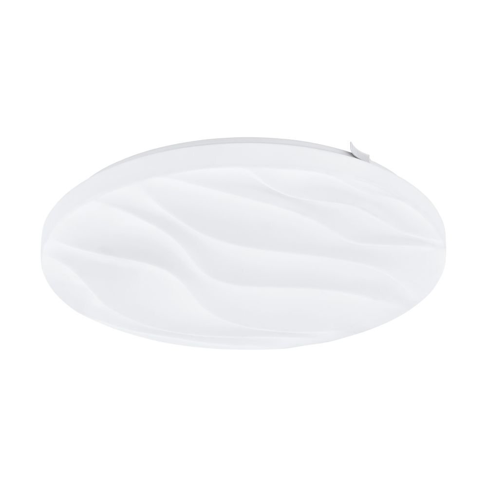 Okrągły, biały plafon LED z delikatnym, falistym wzorem na powierzchni. Lampa ma nowoczesny design i jednolitą kolorystykę.