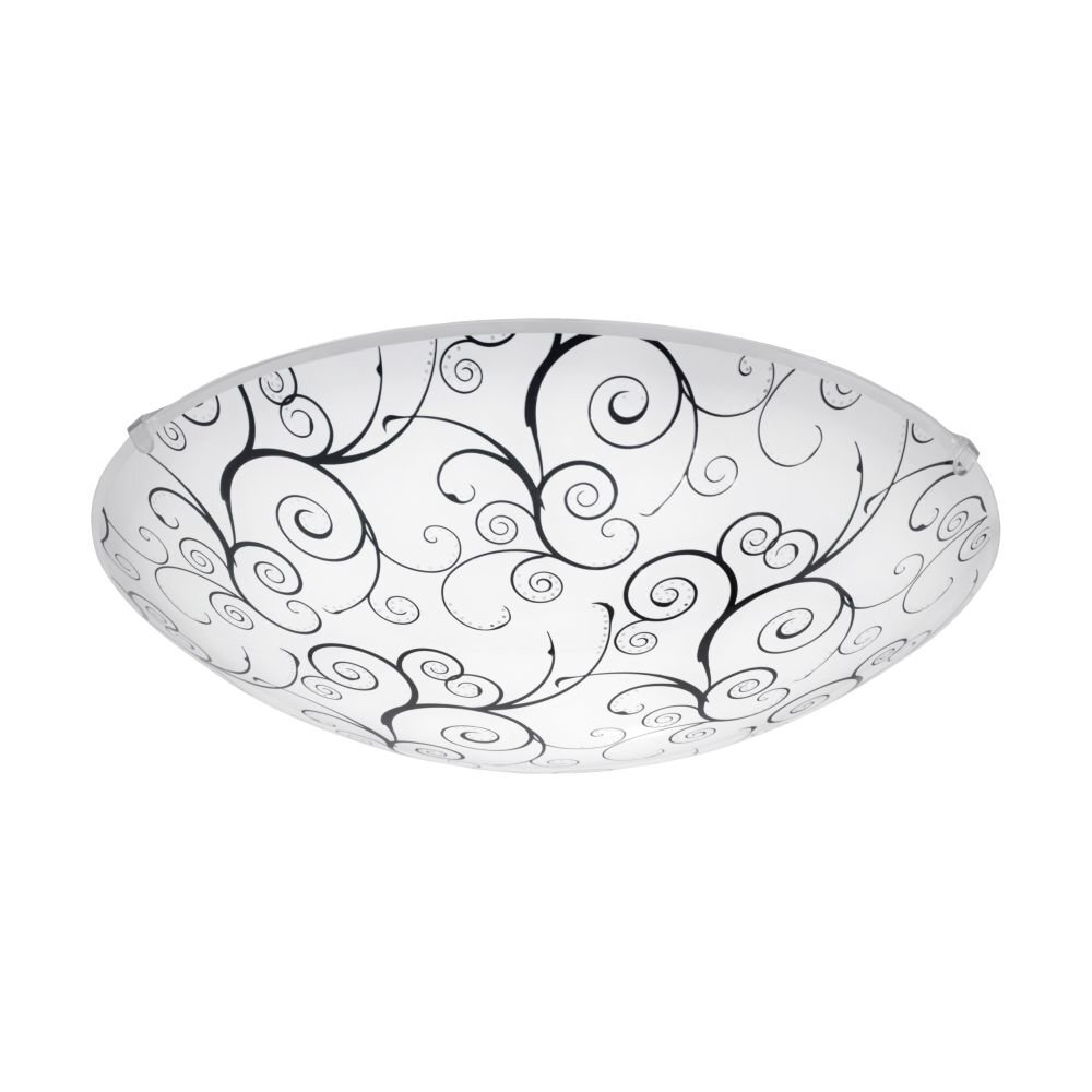 Biały plafon z czarnym, ozdobnym wzorem w formie wijących się linii i spirali. Lampa ma kształt półkuli i nowoczesny design.