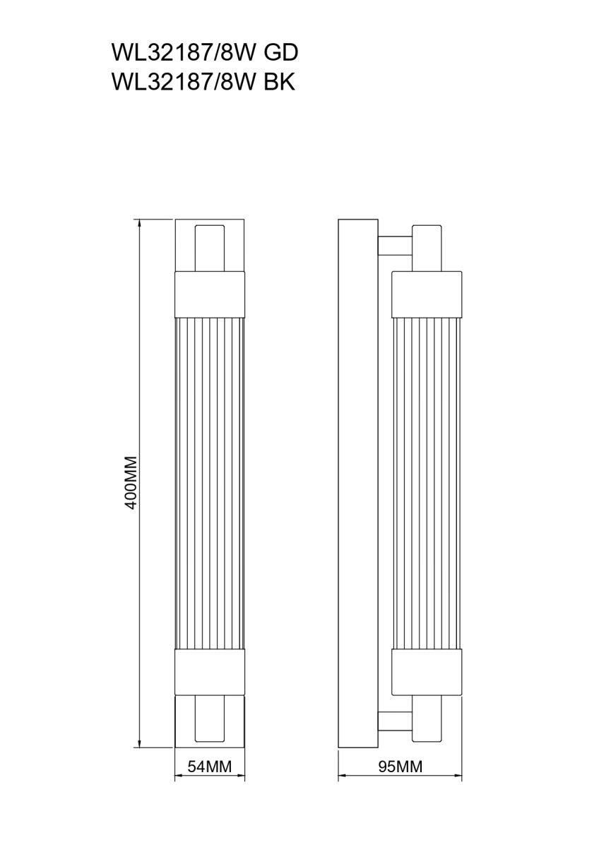 Schemat techniczny lampy ściennej z wymiarami: wysokość 400 mm, szerokość 54 mm i głębokość 95 mm. Widoczny tekst: \'WL32187/8W GD WL32187/8W BK\'.