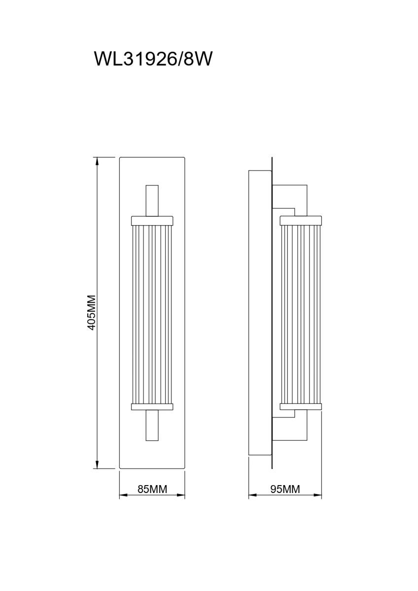 Schemat techniczny lampy ściennej LED z oznaczeniem WL31926/8W, przedstawiający wymiary: wysokość 405 mm, szerokość 85 mm i głębokość 95 mm.