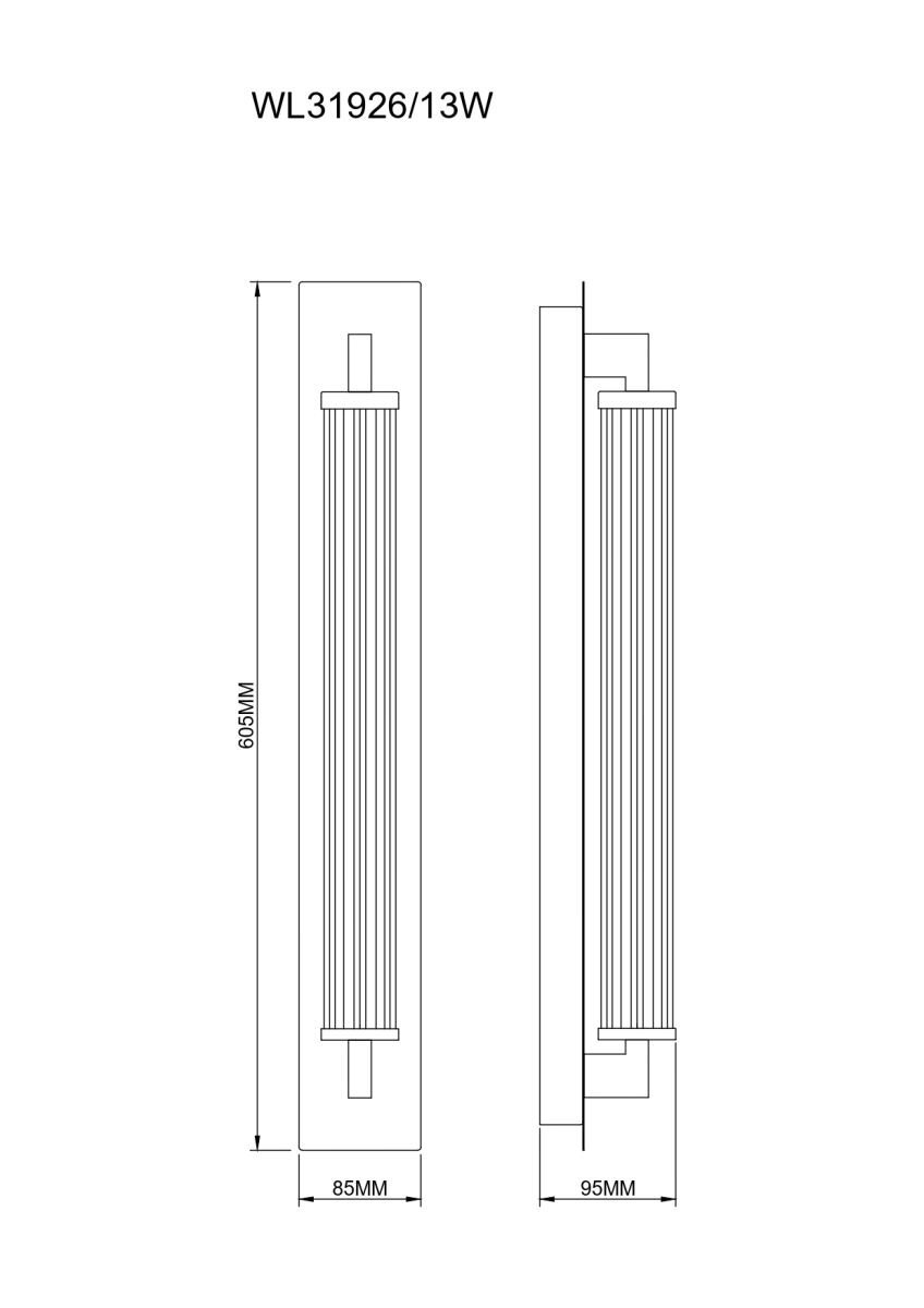 Schemat techniczny lampy ściennej LED z oznaczeniem WL31926/13W, przedstawiający wymiary: wysokość 665 mm, szerokość 85 mm i głębokość 95 mm.