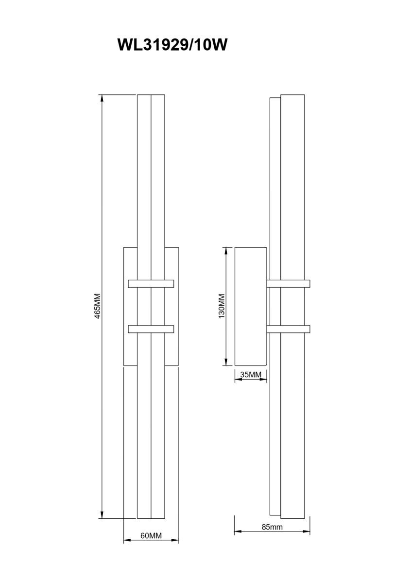 Schemat techniczny lampy ściennej LED z oznaczeniami wymiarów: 465MM wysokości, 60MM szerokości, 130MM wysokości podstawy, 35MM głębokości i 85MM szerokości podstawy. Widoczny jest tekst \'WL31929/10W\'.