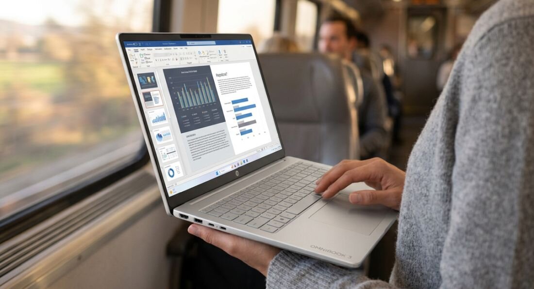 Osoba niesie zamknięty laptop HP OmniBook 3 14-HU0012NWX podczas przemieszczania się po miejskiej ulicy w drodze do pracy biurowej - mobilna konstrukcja