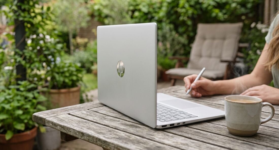 Osoba trzyma laptop HP OmniBook 3 14-HU0012NWX pod pachą podczas mobilnej pracy w mieście - procesor Intel Core 3 100U