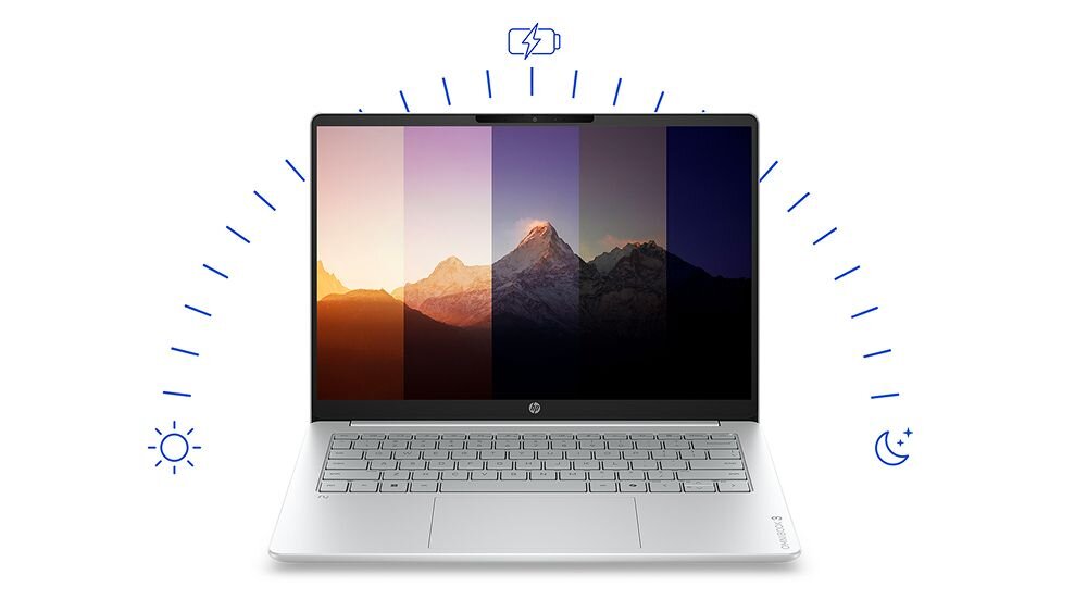 Osoba uczestniczy w wideokonferencji na laptopie HP OmniBook 3 14-HU0012NWX podczas pracy zdalnej przy biurku - bateria 41 Wh i szybkie ładowanie
