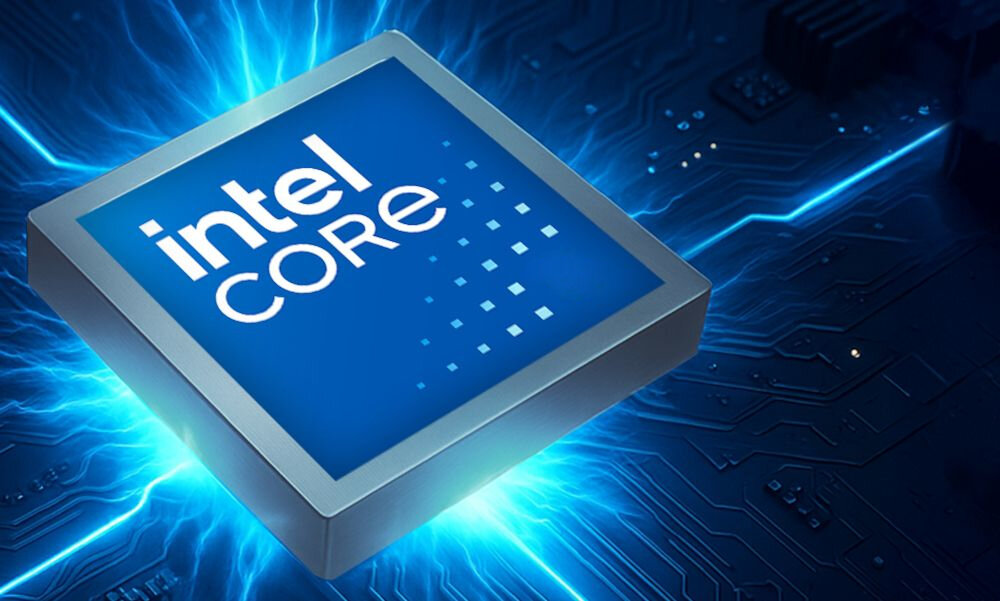 Obraz przedstawia procesor z napisem \'intel CORE\' na niebieskim tle, otoczony błękitnymi liniami przypominającymi obwody elektroniczne.