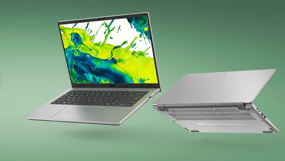 Laptop Acer Aspire Go prezentuje otwartą i zamkniętą obudowę na zielonym tle podczas pracy biurowej i nauki 