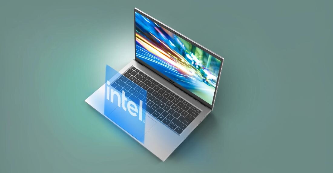Laptop Acer Aspire Go z procesorem Intel wyświetla dynamiczną grafikę na ekranie podczas codziennej pracy i nauki 