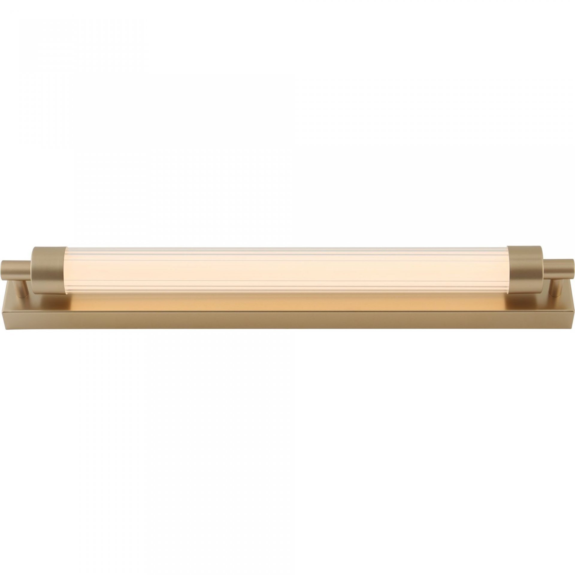 Złota lampa ścienna LED o nowoczesnym designie, z prostokątną podstawą i podłużnym źródłem światła. Lampa ma eleganckie wykończenie i minimalistyczny wygląd.