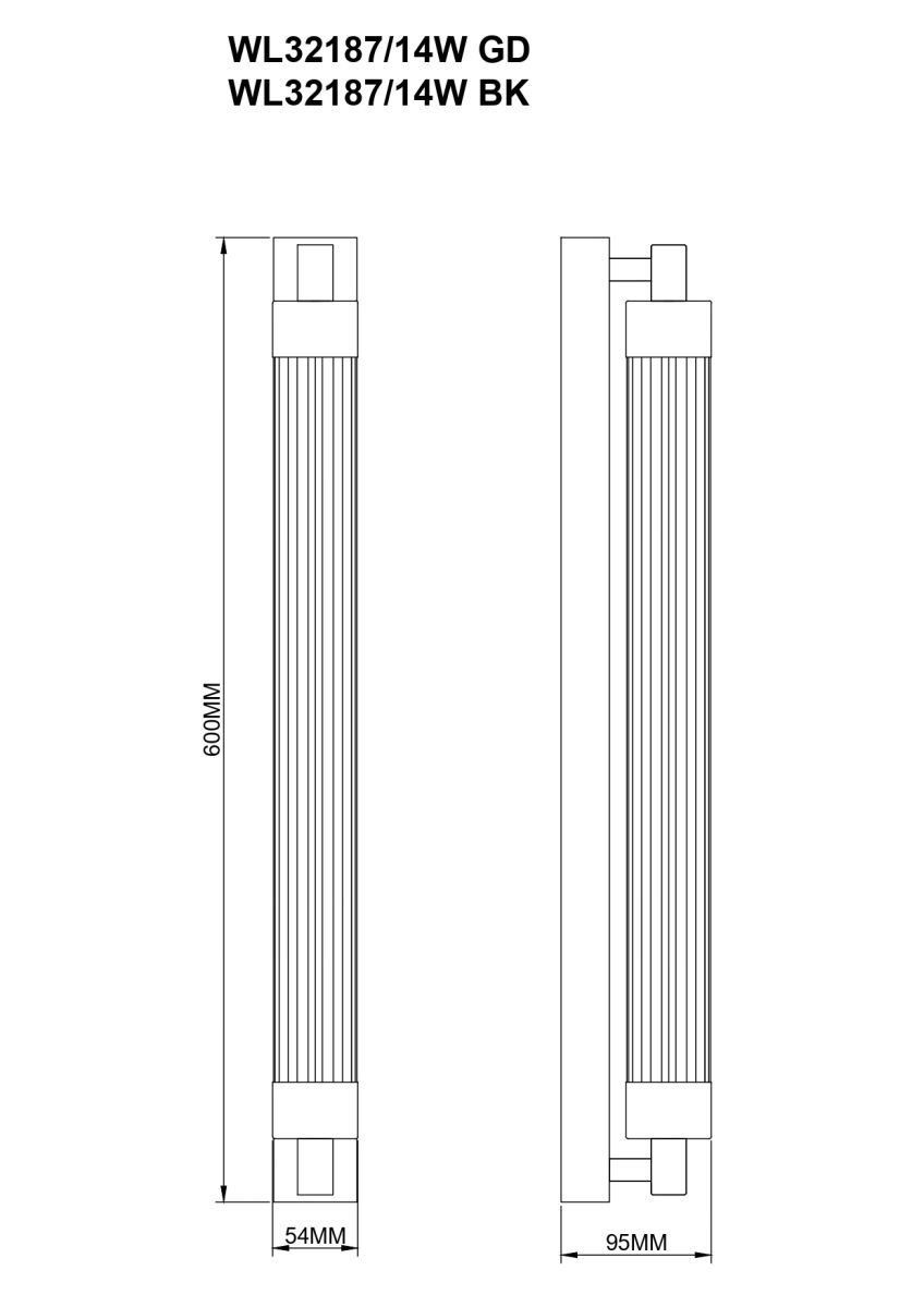Schemat techniczny lampy ściennej LED o wymiarach 600 mm wysokości, 54 mm szerokości i 95 mm głębokości. Widoczny tekst: \'WL32187/14W GD WL32187/14W BK\'.