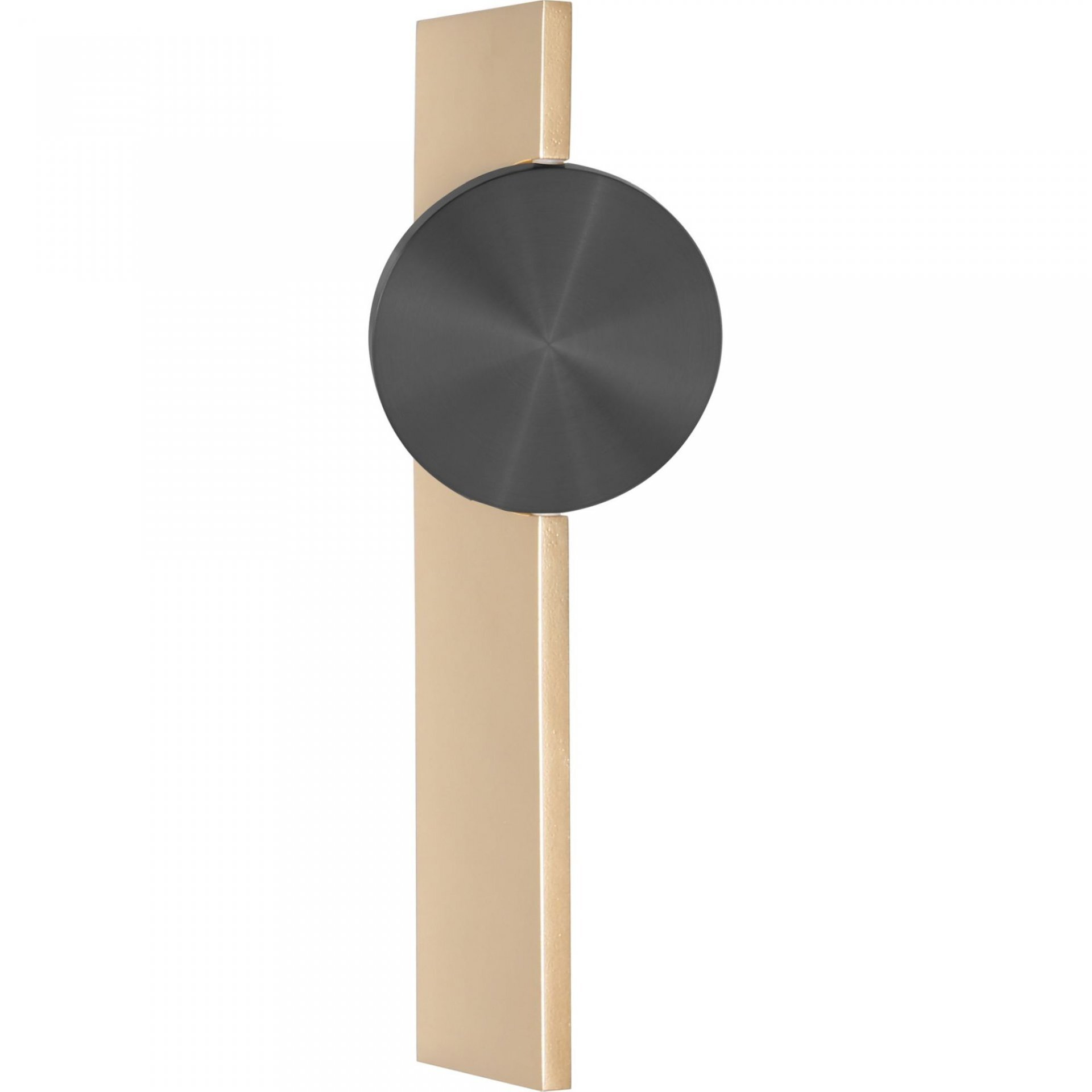Nowoczesna lampa ścienna z pionowym, złotym elementem i czarnym, okrągłym detalem na środku. Lampa ma minimalistyczny design.