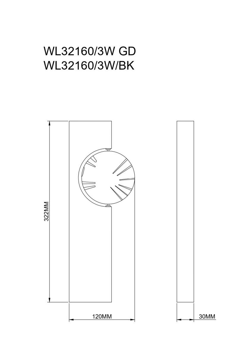 Schemat techniczny lampy ściennej z wymiarami: wysokość 322 mm, szerokość 120 mm, głębokość 30 mm. Widoczny tekst: \'WL32160/3W GD WL32160/3W/BK\'.