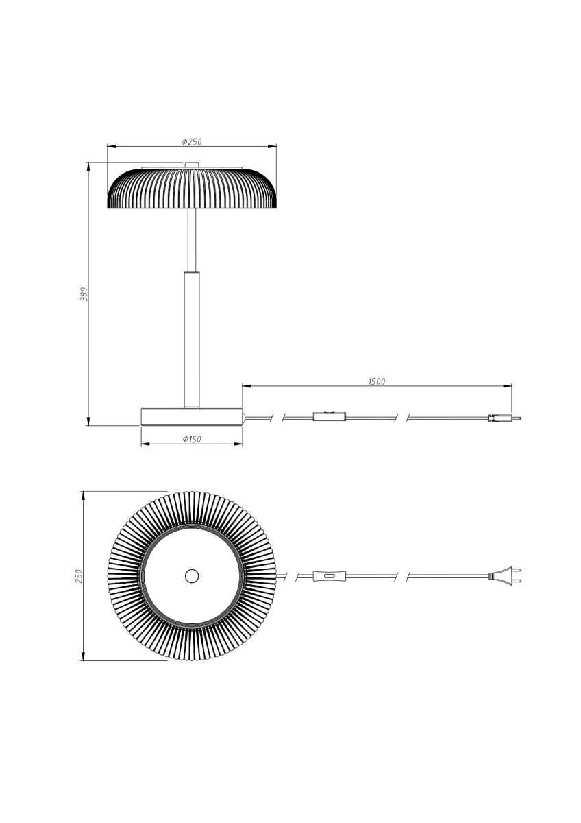 Schemat lampy stołowej z wymiarami: wysokość 389 mm, średnica klosza 250 mm, średnica podstawy 150 mm, długość kabla 1500 mm. Widoczne są dwa widoki: z boku i z góry.