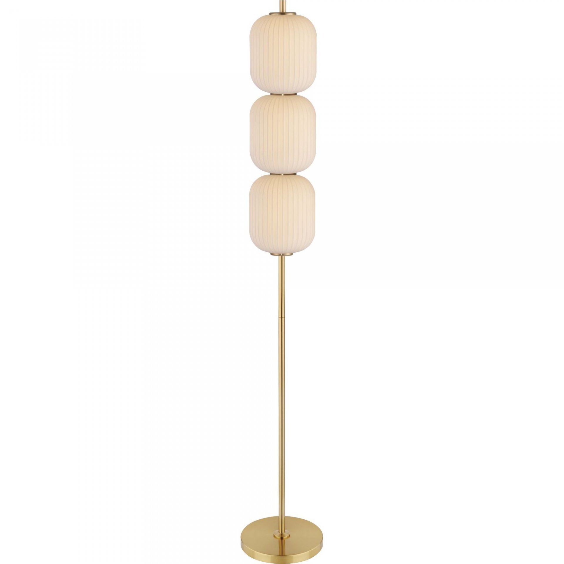Lampa podłogowa z trzema białymi, żebrowanymi kloszami umieszczonymi na złotym, metalowym stelażu z okrągłą podstawą.