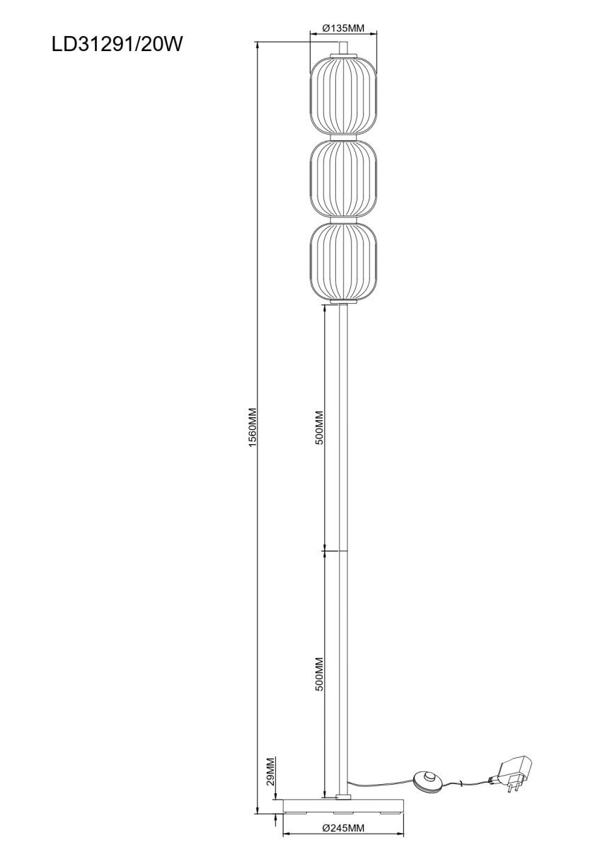 Schemat lampy podłogowej z oznaczeniami wymiarów: wysokość całkowita 1650MM, średnica klosza Ø135MM, średnica podstawy Ø245MM. Widoczny jest także przewód z wtyczką i włącznikiem nożnym.