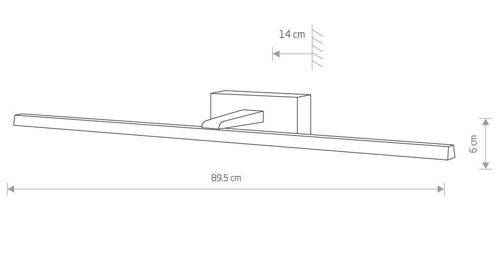 Schematyczny rysunek kinkietu z wymiarami: długość 89,5 cm, wysokość 6 cm, odległość od ściany 14 cm.