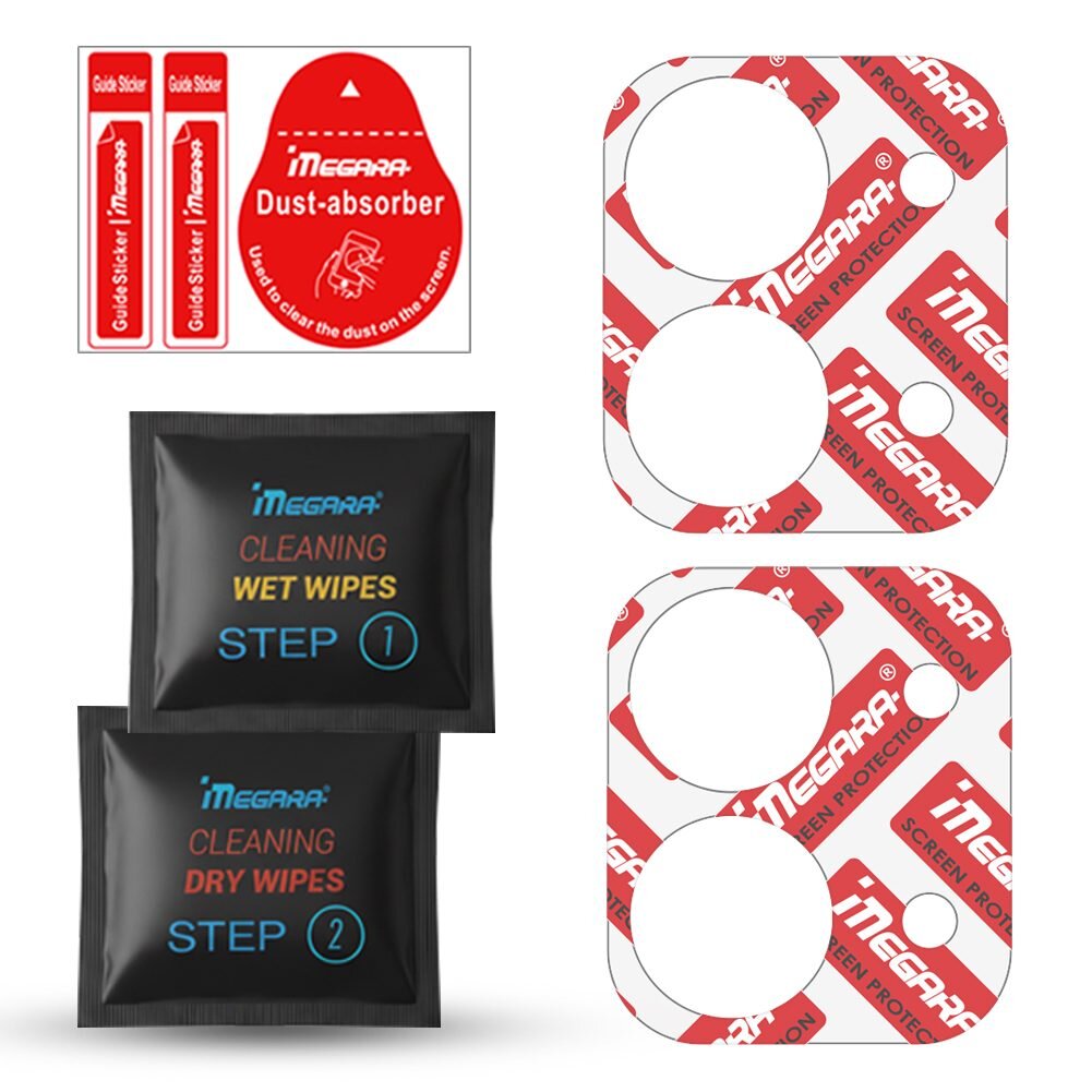 Na obrazie widoczne są dwa zestawy szkła hybrydowego z logo \'MEGARA\', dwa opakowania chusteczek czyszczących oznaczone jako \'STEP 1\' i \'STEP 2\', oraz naklejki \'Dust-absorber\' i \'Guide Sticker\'.