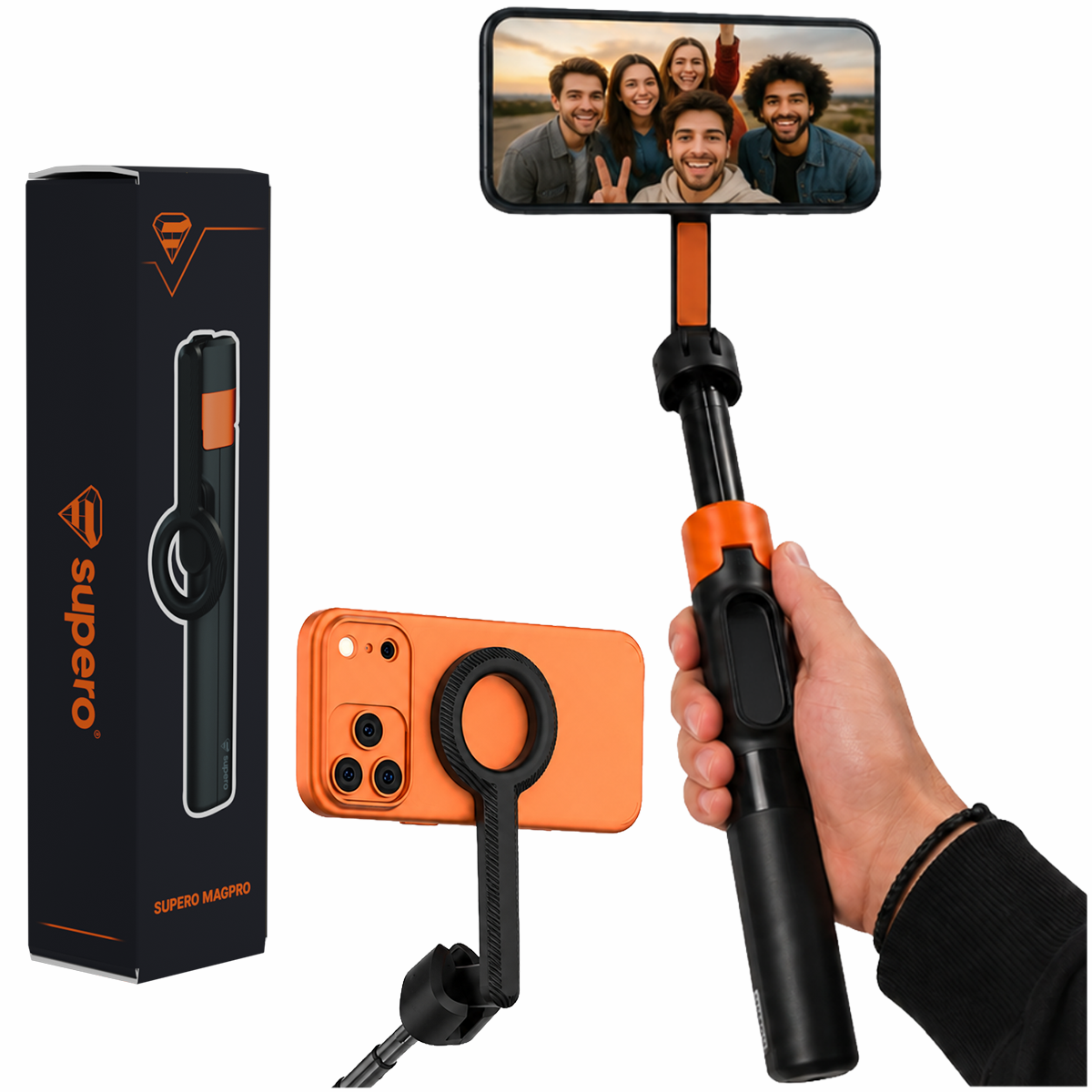 Na obrazie widoczny jest kijek do selfie z zamocowanym smartfonem, na ekranie którego widać grupę uśmiechniętych osób. Obok znajduje się opakowanie z logo \'supero\' oraz uchwyt do telefonu w kolorze pomarańczowym.