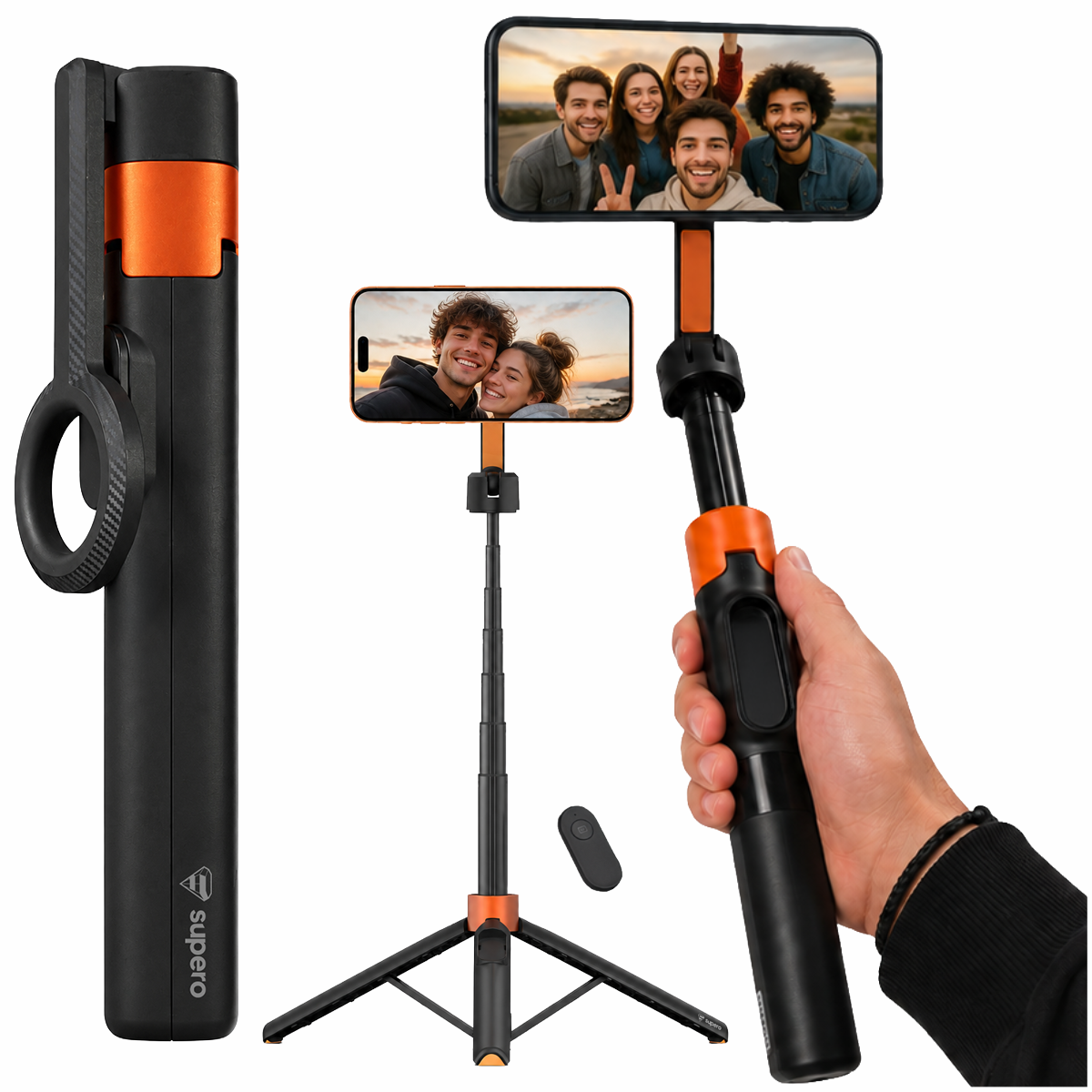 Na obrazie widoczny jest kijek do selfie z funkcją statywu, z zamocowanym smartfonem wyświetlającym zdjęcie grupowe. Obok znajduje się pilot zdalnego sterowania, a na produkcie widoczne jest logo \'supero\'.