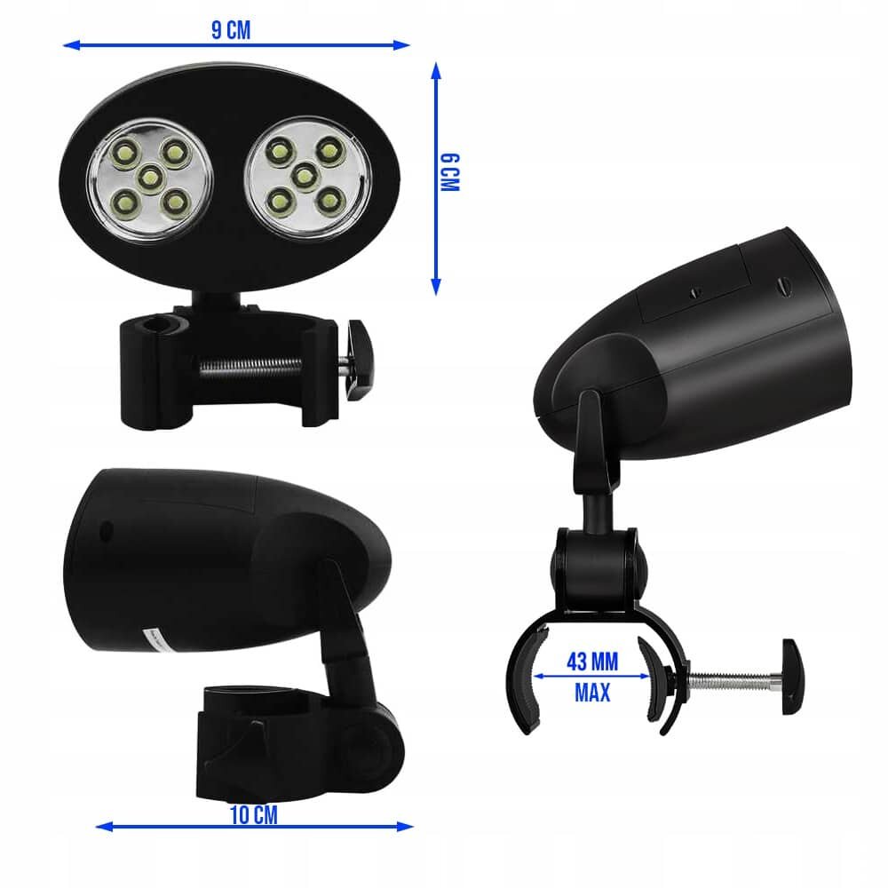 Obraz przedstawia czarną lampę LED z dwoma źródłami światła, zamontowaną na uchwycie z możliwością regulacji. Wymiary lampy to 9 cm na 6 cm, a maksymalna szerokość uchwytu to 43 mm.