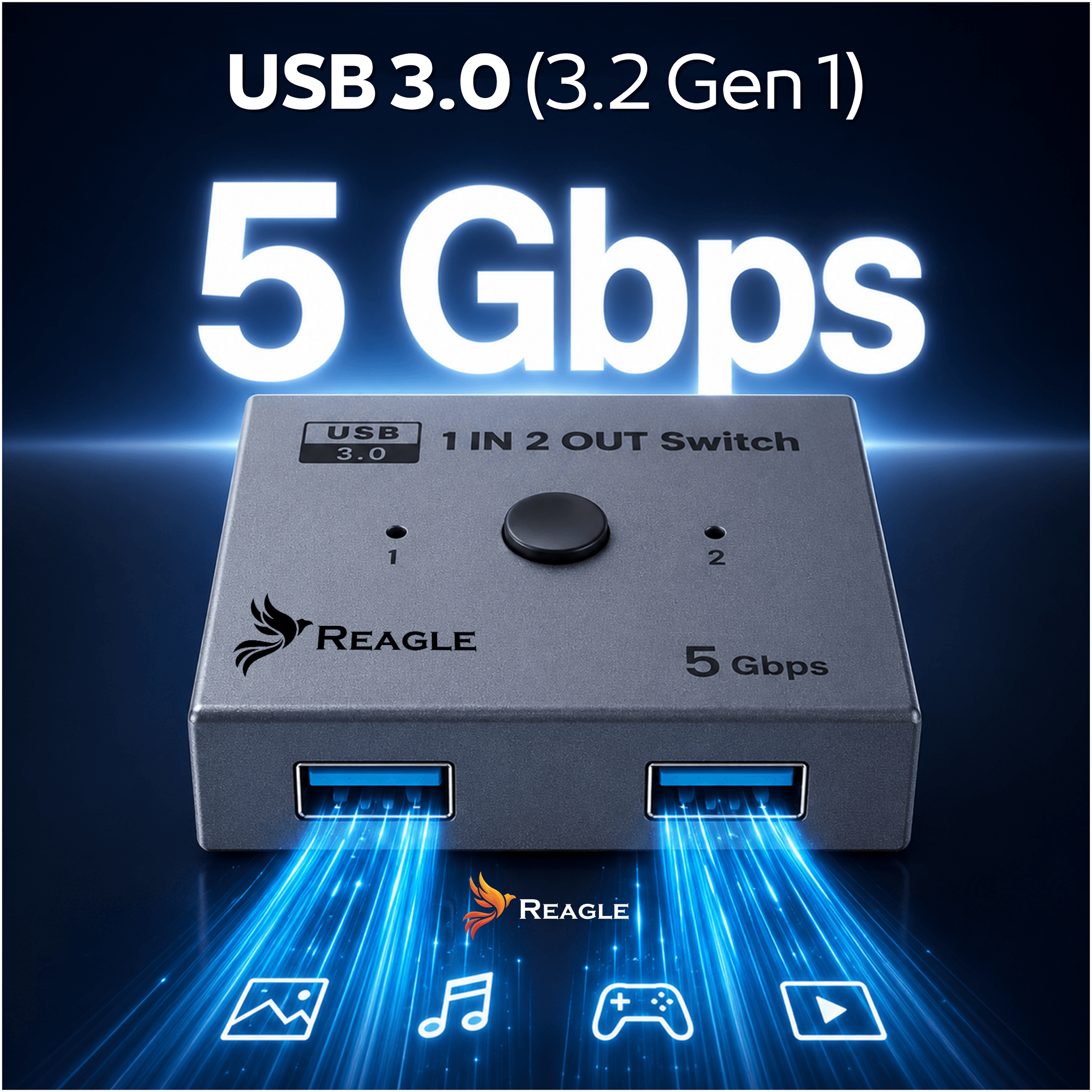 Na obrazie widoczny jest przełącznik USB z napisem \'USB 3.0 (3.2 Gen 1) 5 Gbps\' oraz logo \'Reagle\'. Urządzenie ma dwa porty USB i przycisk, a z portów wychodzą niebieskie linie symbolizujące przesył danych.