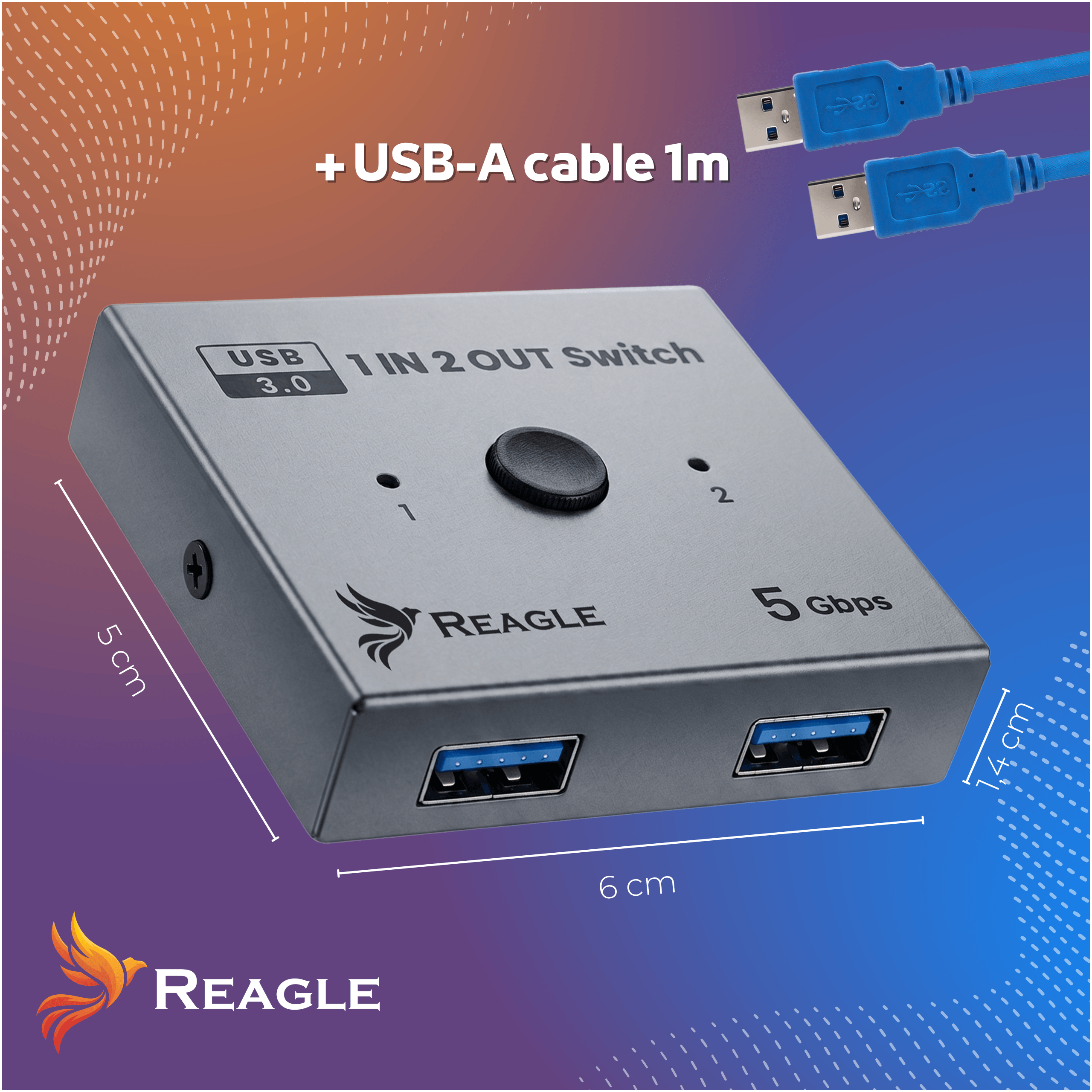 Na obrazie znajduje się przełącznik USB 3.0 z napisem \'1 IN 2 OUT Switch\' oraz logo \'REAGLE\'. Obok widoczne są dwa niebieskie kable USB-A o długości 1m, a wymiary urządzenia to 5 cm x 6 cm x 1.4 cm.