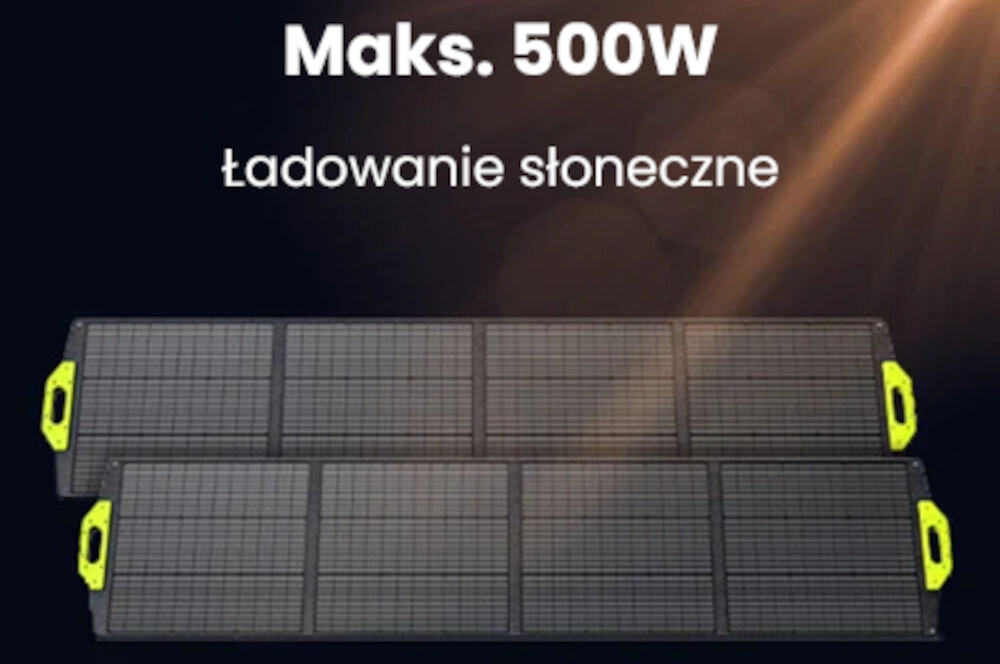 Stacja zasilania FOSSIBOT F2400 2400W Czarny, panel, słoneczny, ładowanie, ekologiczne, Rozłożone panele słoneczne do ładowania stacji zasilania.
