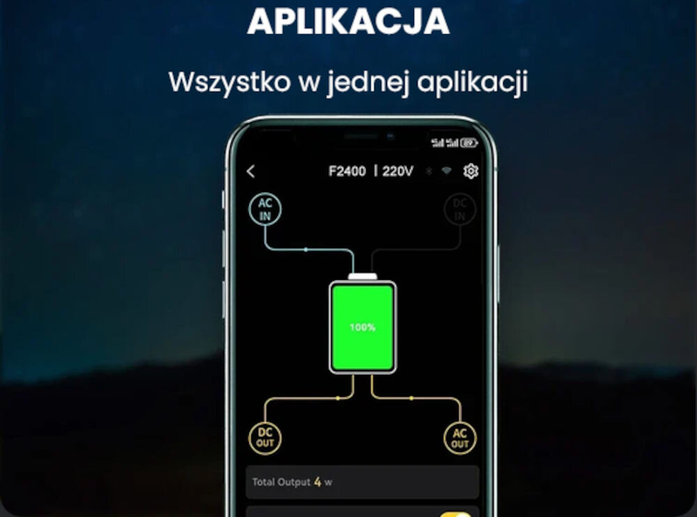 Stacja zasilania FOSSIBOT F2400 2400W Czarny, aplikacja, mobilna, sterowanie, zasilaniem, Ekran smartfona z aplikacją do zarządzania energią.
