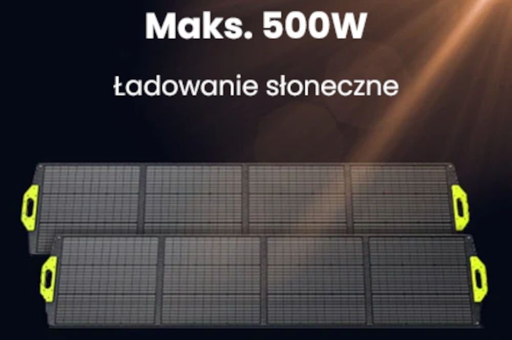 Stacja zasilania FOSSIBOT F2400 2400W Zielony, panel, słoneczny, ładowanie, ekologiczne, Rozłożone panele słoneczne do ładowania stacji zasilania.