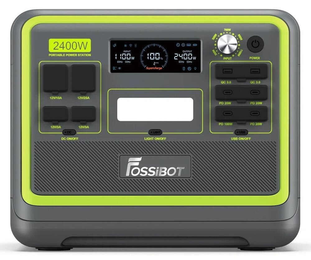 Stacja zasilania FOSSIBOT F2400 2400W Zielony, panel, gniazd, stacji, zasilania, Przenośna stacja zasilania z otwartymi osłonami portów