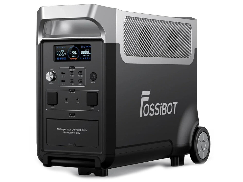 Stacja zasilania FOSSIBOT F3600 Pro 3600W Czarny stacja na białym tle widoczna od przodu pod skosem pojemność 3840 Wh moc znamionowa 3600 W duża rezerwa energii