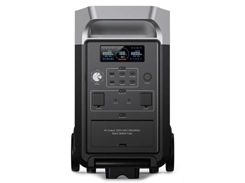 Stacja zasilania FOSSIBOT F3600 Pro 3600W Czarny stacja na białym tle widoczna od przodu falownik z czystą falą sinusoidalną moc znamionowa 3600 W trzy gniazdka AC o łącznej mocy do 3600 W moc szczytowa sięga 7200 W 4 porty USB-C 2 porty USB-A, 12 V gniazdo XT-60