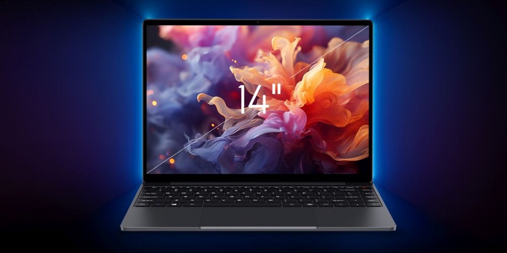 Otwarty laptop z ekranem czternaście cali i kolorową grafiką na niebieskim tle