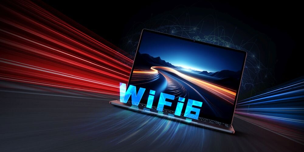 Laptop z grafiką drogi i napisem WiFi 6 na tle szybkich świetlnych smug