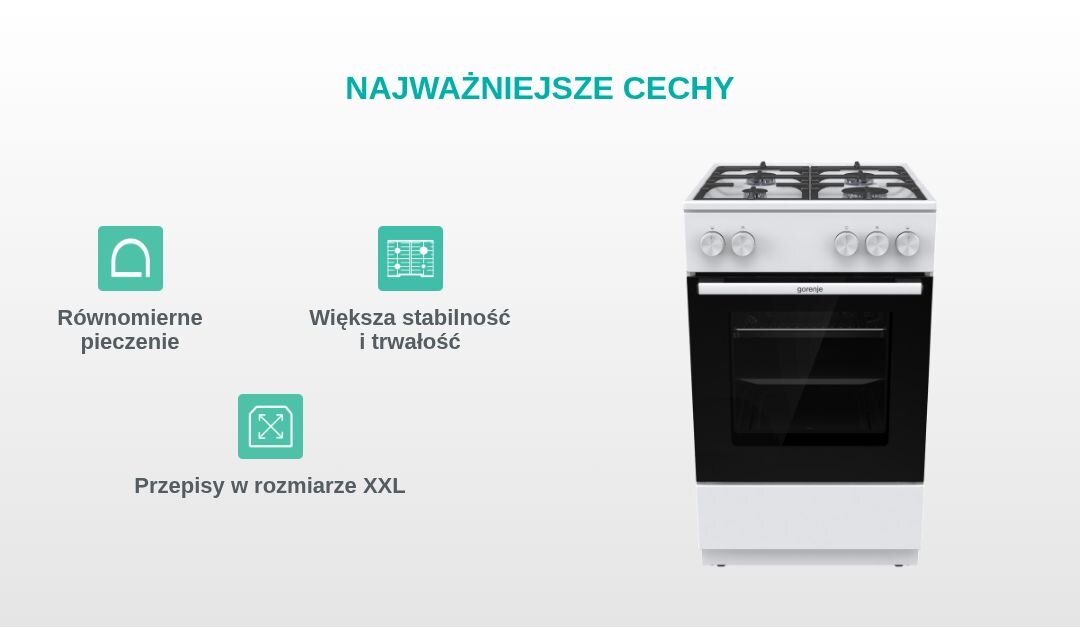 Obraz przedstawia kuchenkę z czterema pokrętłami i piekarnikiem. Obok znajdują się ikony z napisami: \'Równomierne pieczenie\', \'Większa stabilność i trwałość\', \'Przepisy w rozmiarze XXL\'.