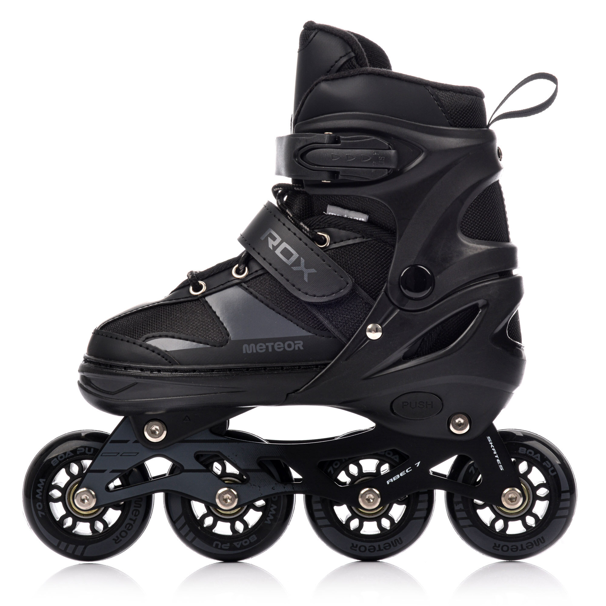 Czarne rolki z regulowanym zapięciem, widoczne napisy to \'RDX\' i \'METEOR\'. Kółka mają oznaczenia \'70 mm\', \'ABEC 7\' i \'METEOR\'.
