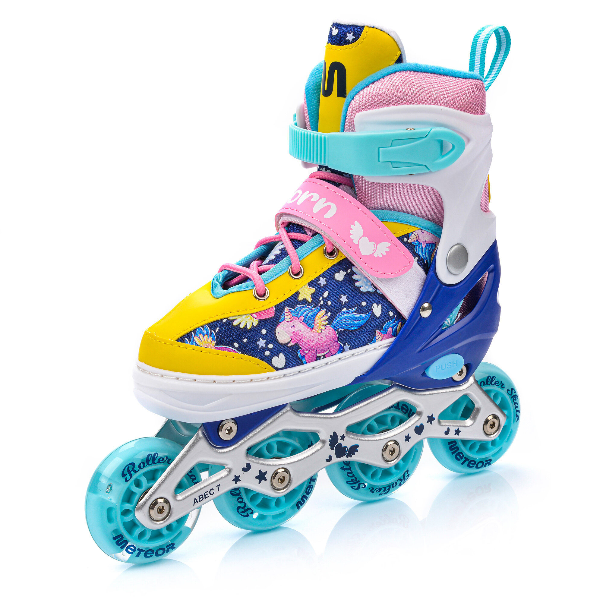 Kolorowa rolka z motywem jednorożca, posiada niebieskie kółka z napisem \'Roller Skate Meteor\' i srebrną ramę z napisem \'ABEC 7\'.