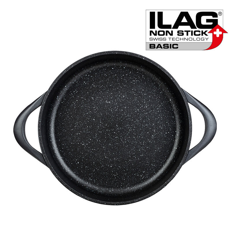 Czarny garnek z powłoką nieprzywierającą i dwoma uchwytami. Widoczne logo: ILAG NON STICK SWISS TECHNOLOGY BASIC.