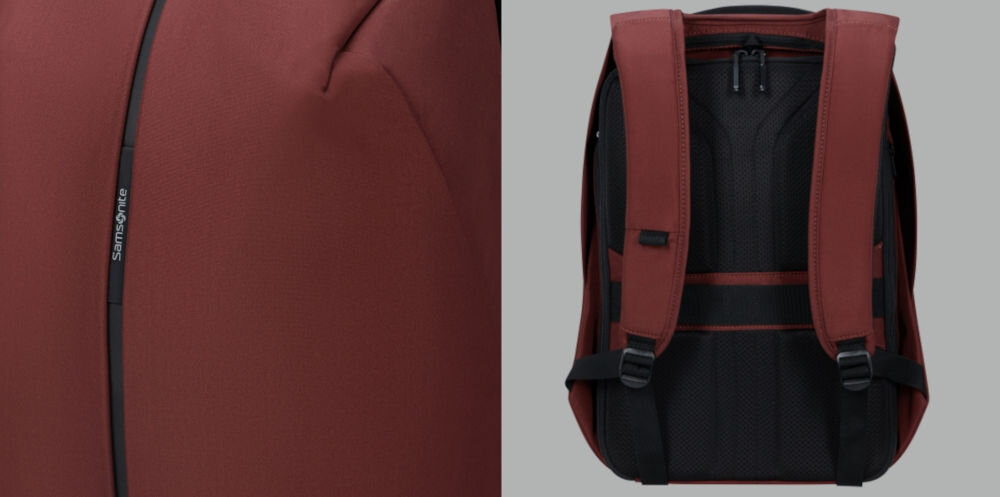 Czerwony plecak z widocznym logo \'Samsonite\' na przedniej części oraz widokiem na tylną stronę z regulowanymi szelkami i czarną siateczką.