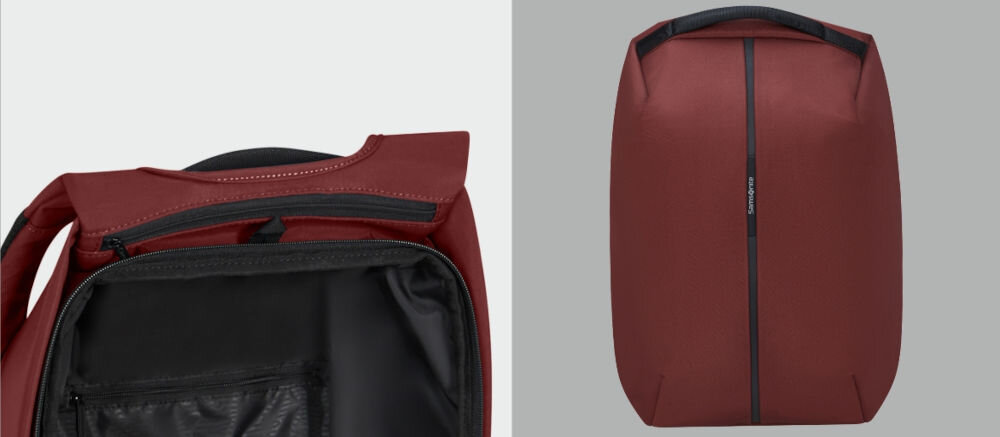Na obrazie widoczny jest czerwony plecak z czarnymi zamkami błyskawicznymi i logo \'SAMSONITE\' na przedniej stronie. Wnętrze plecaka jest czarne z widoczną kieszenią zapinaną na zamek.