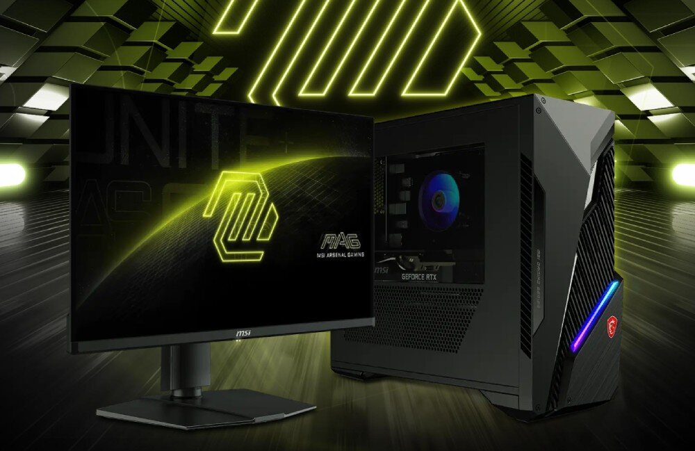 Na obrazie znajduje się monitor z logo MSI oraz komputer stacjonarny z widocznym wentylatorem i podświetleniem RGB. Tło jest futurystyczne, z zielonymi i czarnymi elementami graficznymi.